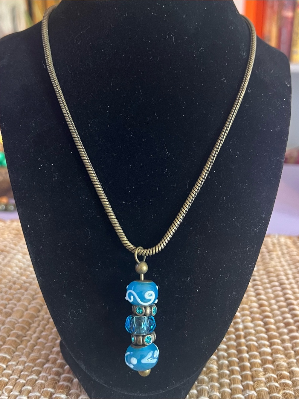 Vintage Lampwork Glass Boho Pendant Necklace Antiqued Brass Snake Chain